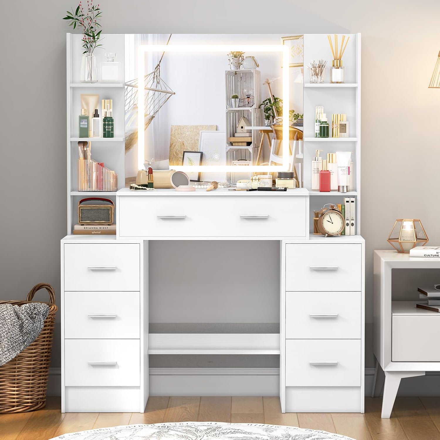Vanity Desk with Mirror and Lights, Makeup Vanity with 7 Drawers Storage and Lots Storage Shelves, 3 Lighting Modes Adjustable, Vanity Table Set, White Dressing Table for Bedroom, Dressing Room