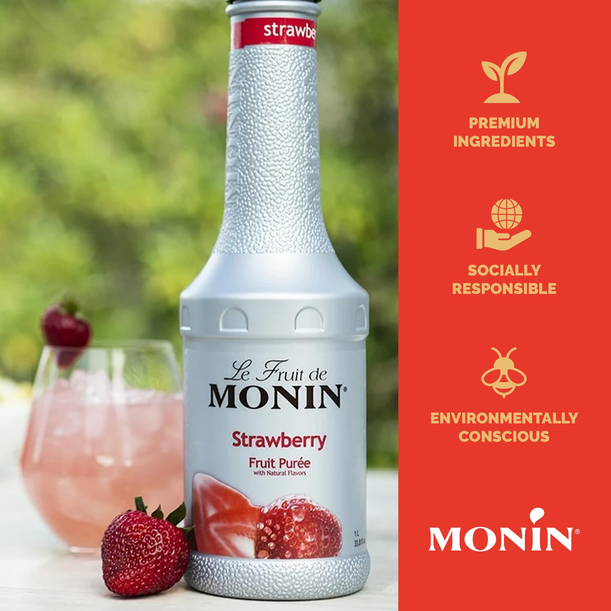 MONIN Le Fruit Fraise- Préparation à base de fruits - Pour Cocktail, Culinaire et Smoothie - 1L
