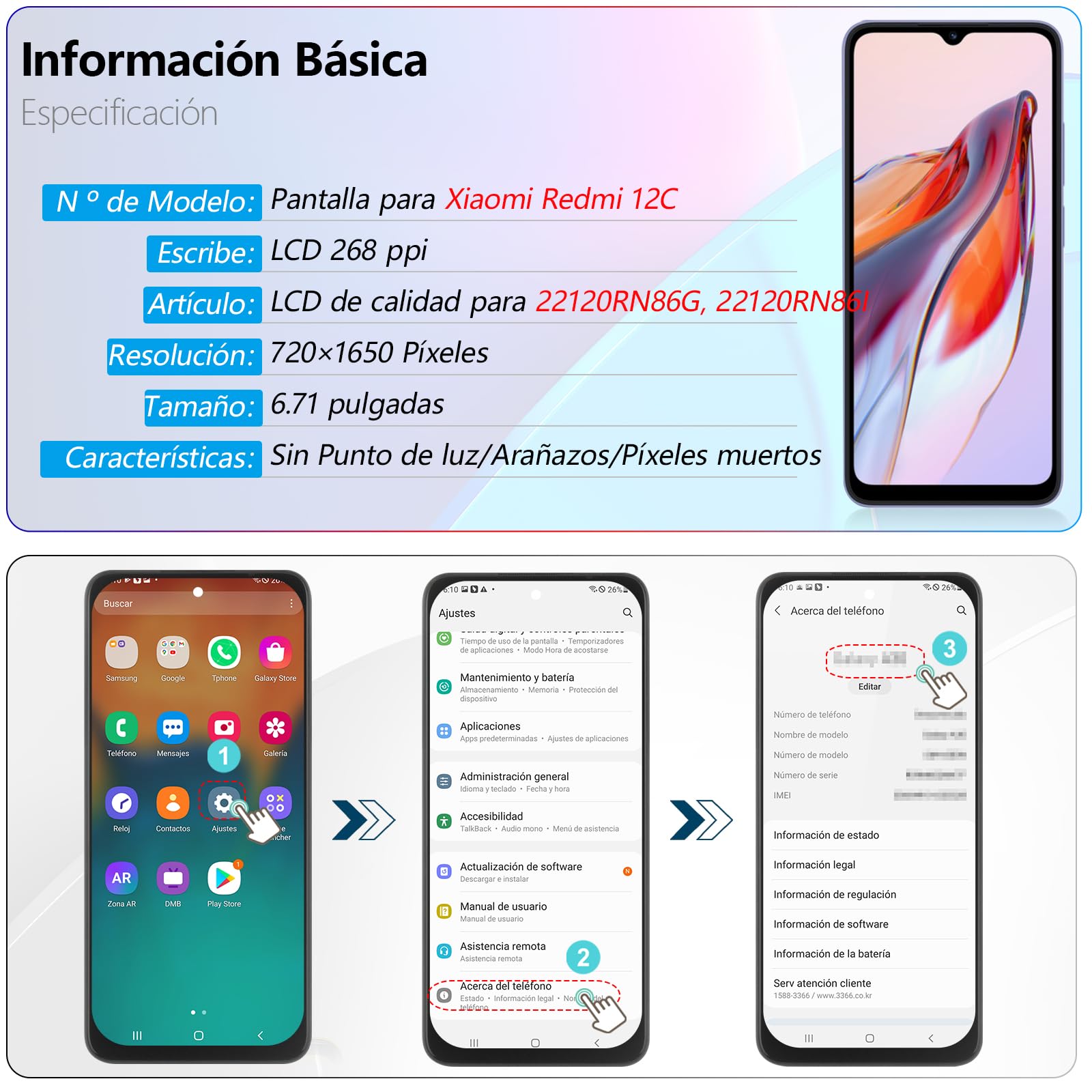 RongZy Pantalla para Xiaomi Redmi 12C Táctil LCD de Repuesto Ensamblaje Digitalizador Reemplazo para Redmi 12C con Herramientas de Reparación(Negro)