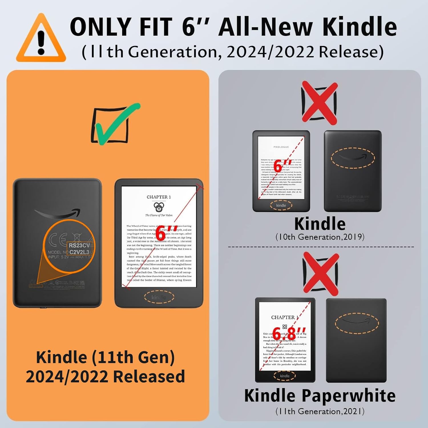 VORI Stand Case for 6" All-New Kindle 11th Generation 2024/2022 Release, Premium PU Leather Protective Sleeve Cover with Hand Strap, Auto Sleep/Wake and Back Cover Adsorption, Protea