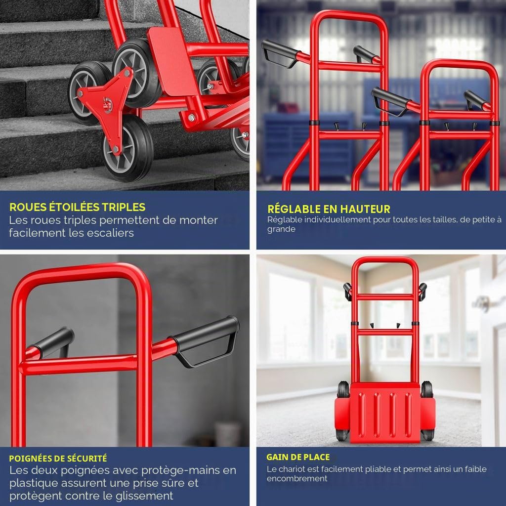 MASKO® Diable pour escaliers Diable 200kg, Pliable Pneus en Caoutchouc Dur | Poignées en Plastique | Cadre en Acier - Rouge