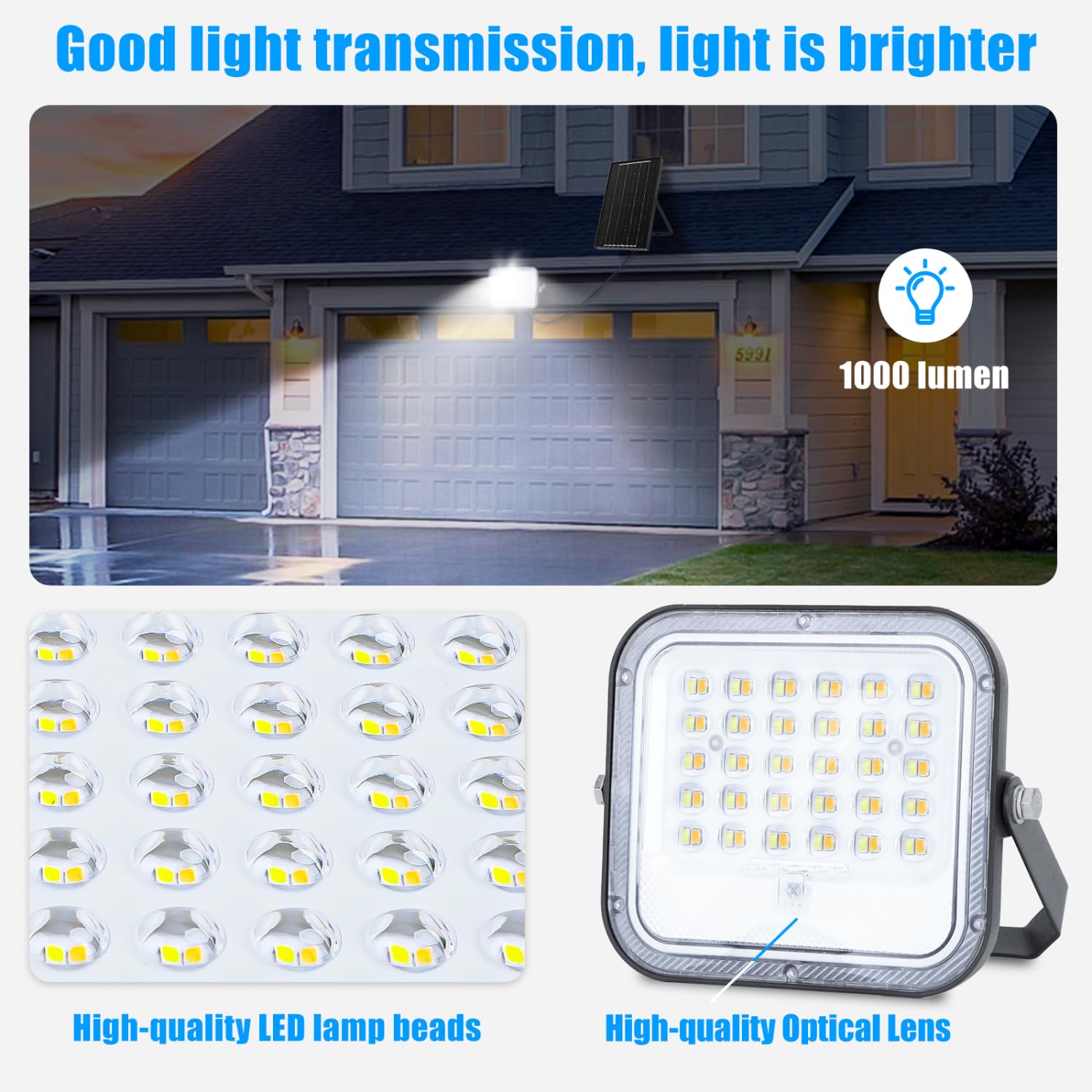 Aigostar - Foco proyector LED solar con mando a distancia,8000mAH,gran panel solar y batería de gran capacidad,regulable 3000/4000/6500K,Función crepuscular,Luz solar para exterior y jardín,patios.