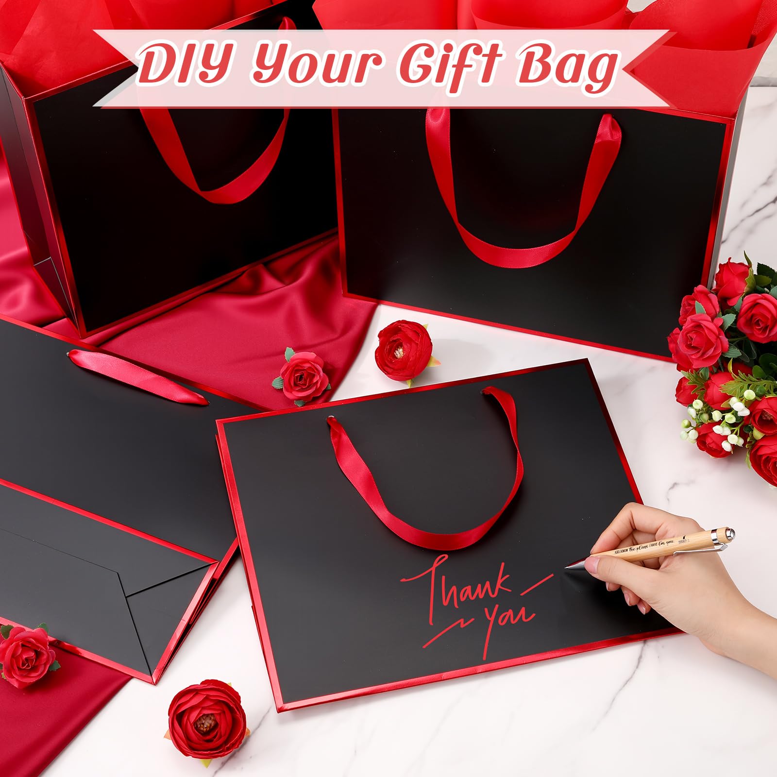 ReliThick 12 Pack Metallic Paper Gift Bag with Handles and Tissue Paper 11.8 x 10 x 4'' Thank You Favor Bag for Graduation Mother's Day Wedding Bridesmaid Groomsman 5 Senses Gifts (Black,Red)