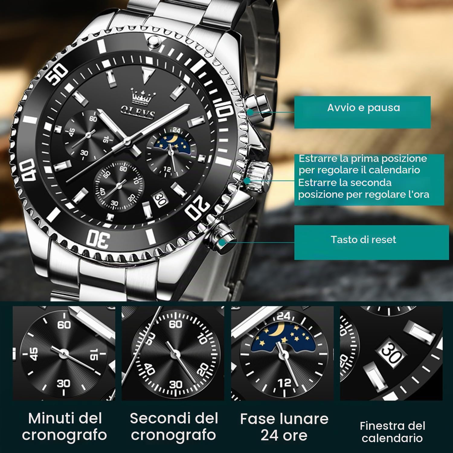 OLEVS Green Dial Watches for Men Fashion Analog Quartz Waterproof Chronograph Gold Silver Stainless Steel Watch Business Classic Luxury Big Face Luminous Multifunction Men Wristwatches