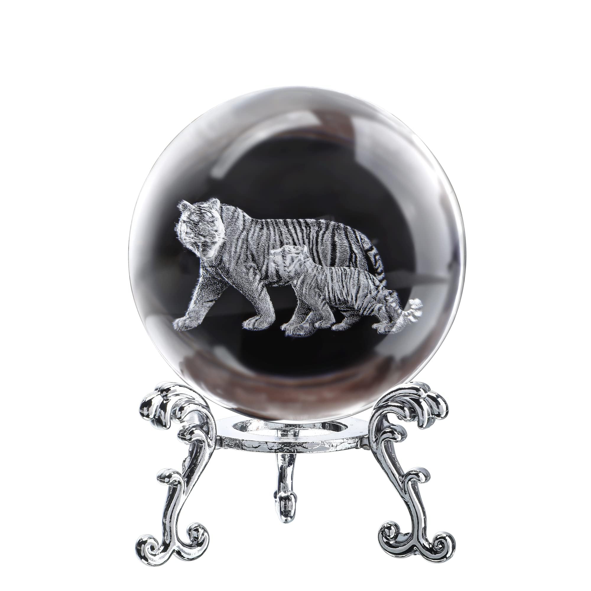 ZEERSHEE 60mm 3D Tigers Crystal Ball with Stand Glass Laser Engraved Tigers Ball Figurine Decorative Glass Ball Paperweights for Home Office