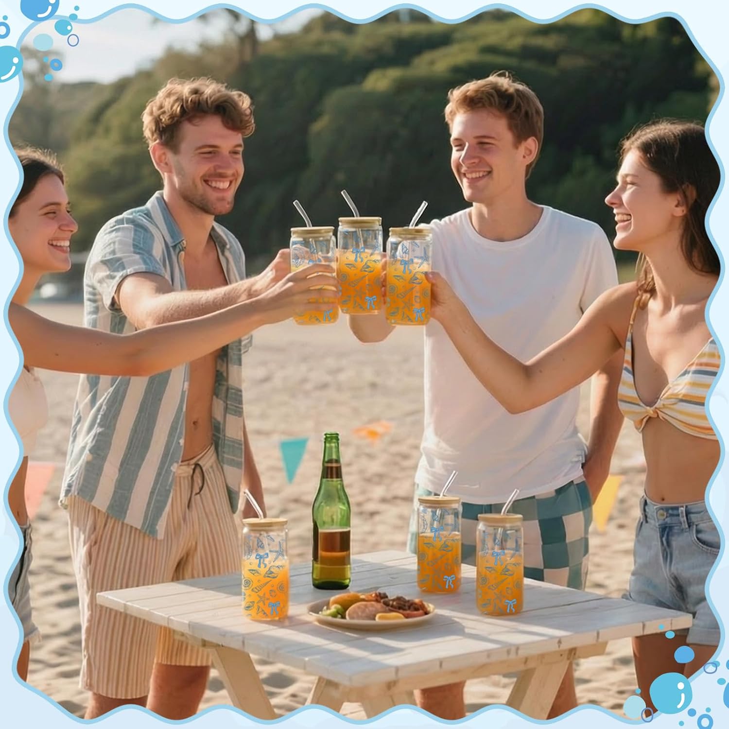 Skylety 6 Set Ocean Glass Cups Beach Cup Coastal Sea Life Theme Blue Can Shaped Drinking Cups with Straws and Lids 16 oz Iced Coffee Glasses Tumbler Gift for Mom Summer Decor Women Gifts, 7 Brushes