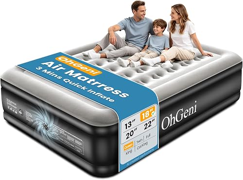 OhGeni Air Mattress Queen with Built in Pump, 18" Raised Blow up Bed, 800lb | Inflatable Mattress, Advanced Coil-Beam Support, 3 Mins Inflation, 35% Thicker PVC, Waterproof, 10 Year Manufacturer Support