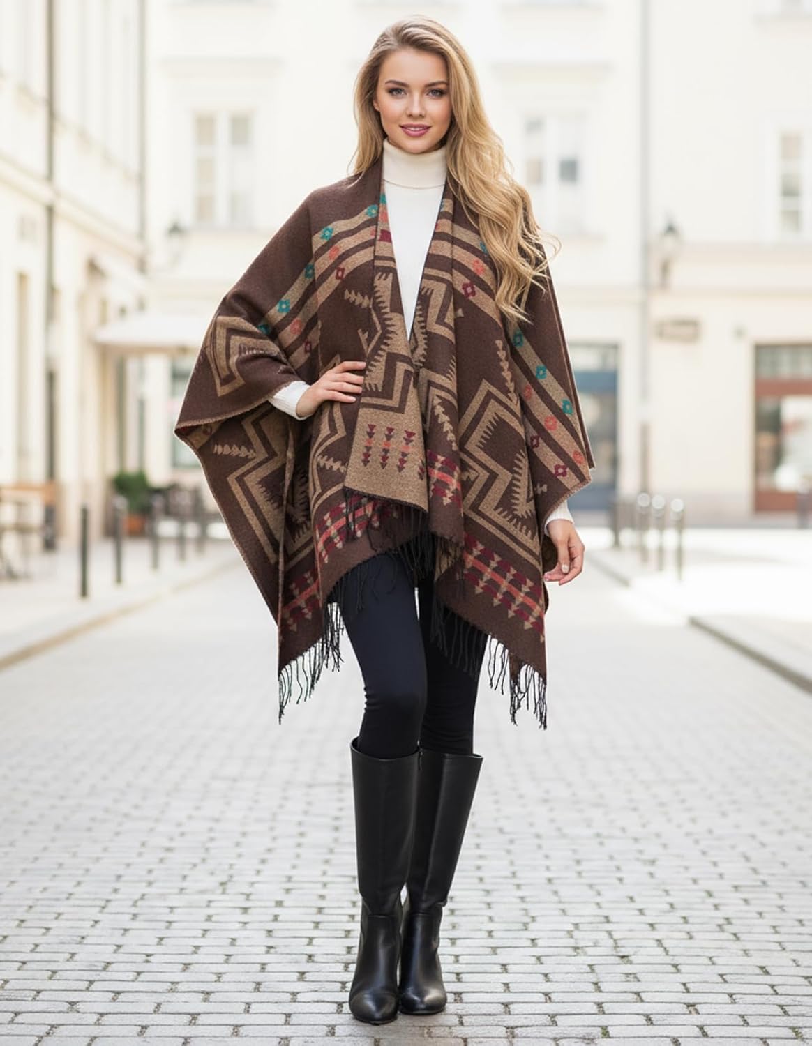 Women's Shawl Wraps Open Front Poncho Cape Oversized Sweaters Casual Cardigan Shawls for Fall Winter - Image 7