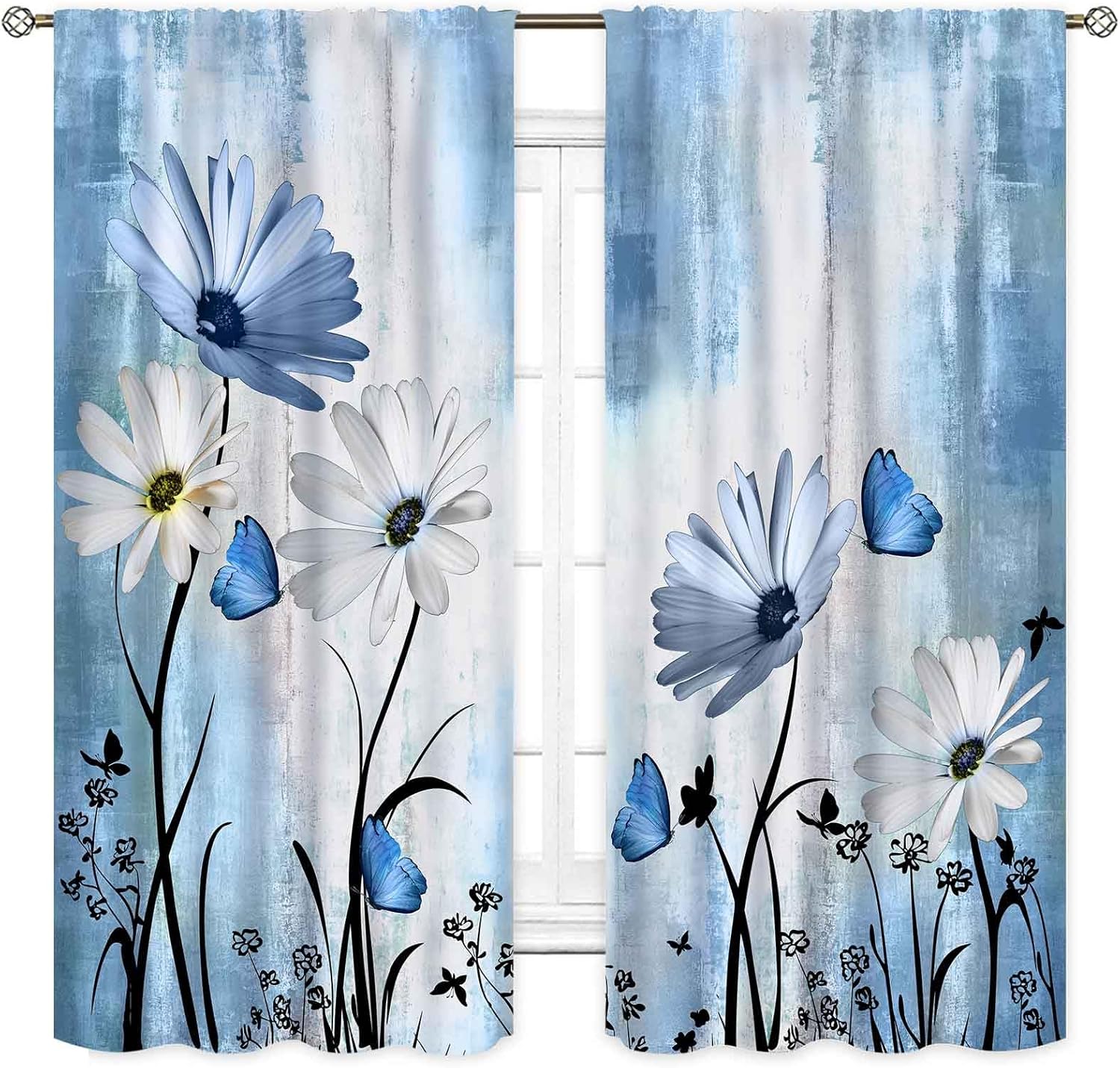 Blue White Daisy Curtains, Farmhouse Modern Flower Retro Floral Spring Butterfly Rural Country Style Window Curtains for Living Room Bedroom Kitchen Bathroom 2 Panels, 55"x63" Inch