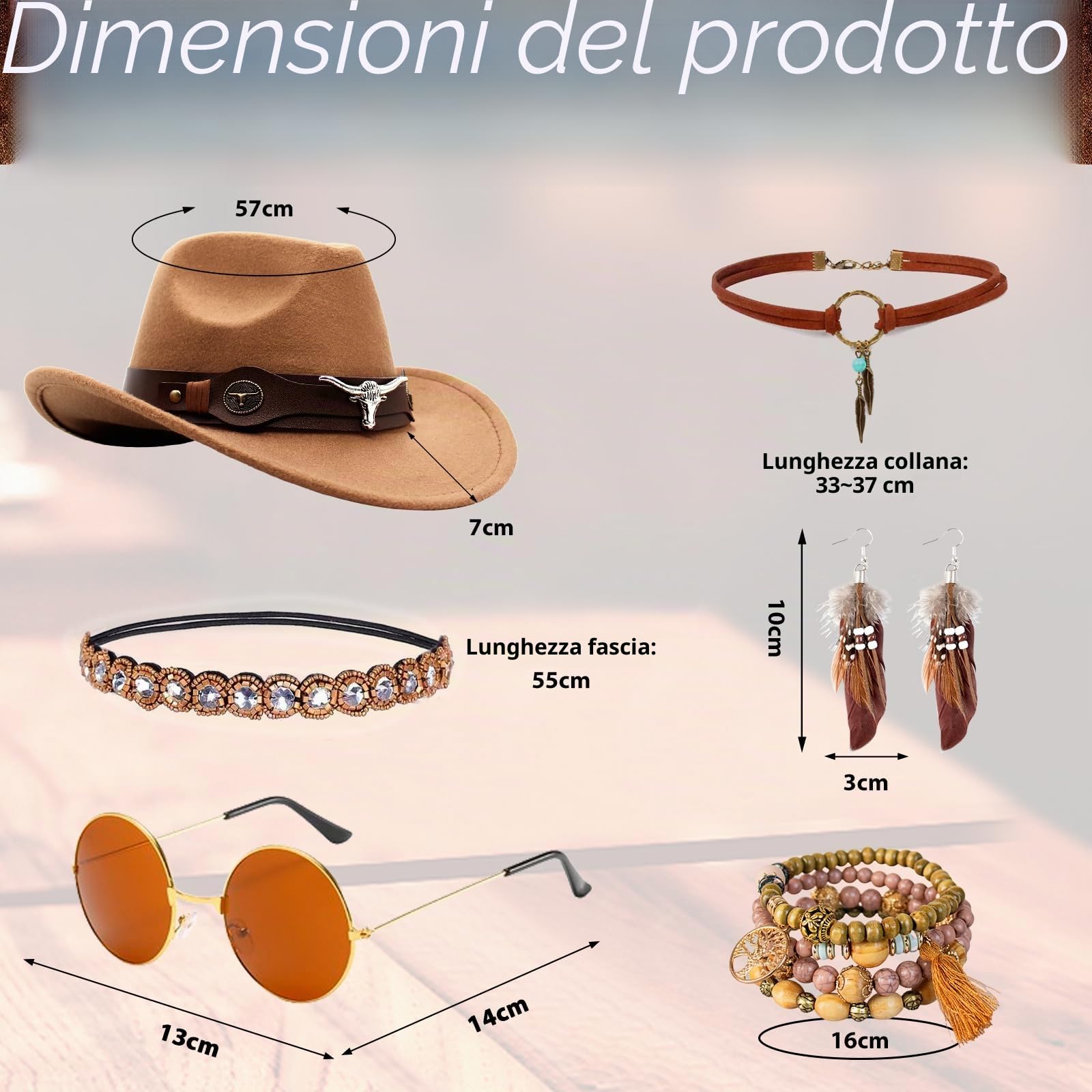Set di 7 vestiti da donna hippie da cowgirl western outfit, costume hippie da donna con orecchini hippie, occhiali, bracciale, collana, abbigliamento hippie anni '60 anni '70