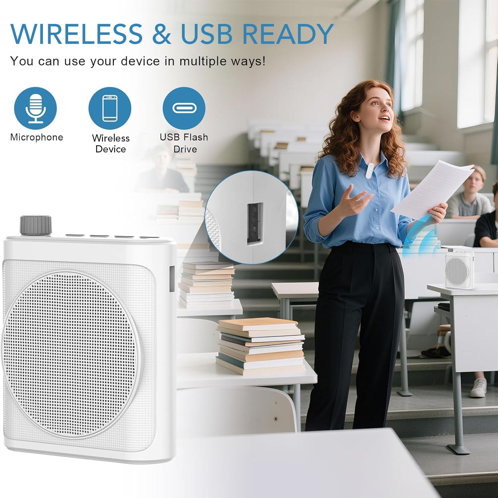 Bewinner Amplificatore Vocale Wireless da 15 W con Doppi Microfoni Lavalier Magnetici, Altoparlante Portatile Bluetooth 5.4 con Riduzione del Rumore, PA Ricaricabile 25 Ore per la (WHITE)
