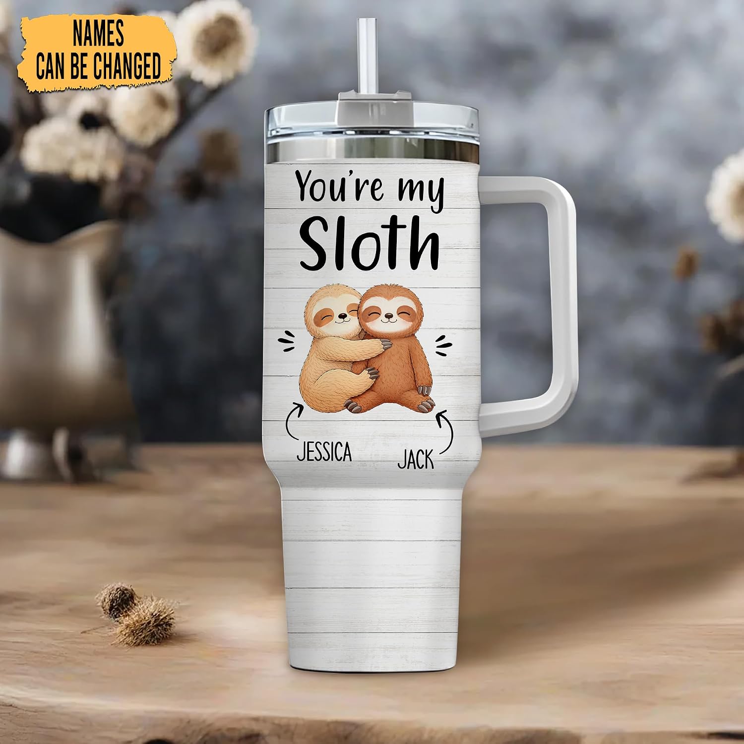 Hyturtle Personalized Gifts For Sloth Lover Tumbler 40oz with Handle and Straw - Stainless Steel Travel Coffee Cup With Lid - Cute Animal Lover Gifts For Women, Girl, Daughter On Birthday Christmas