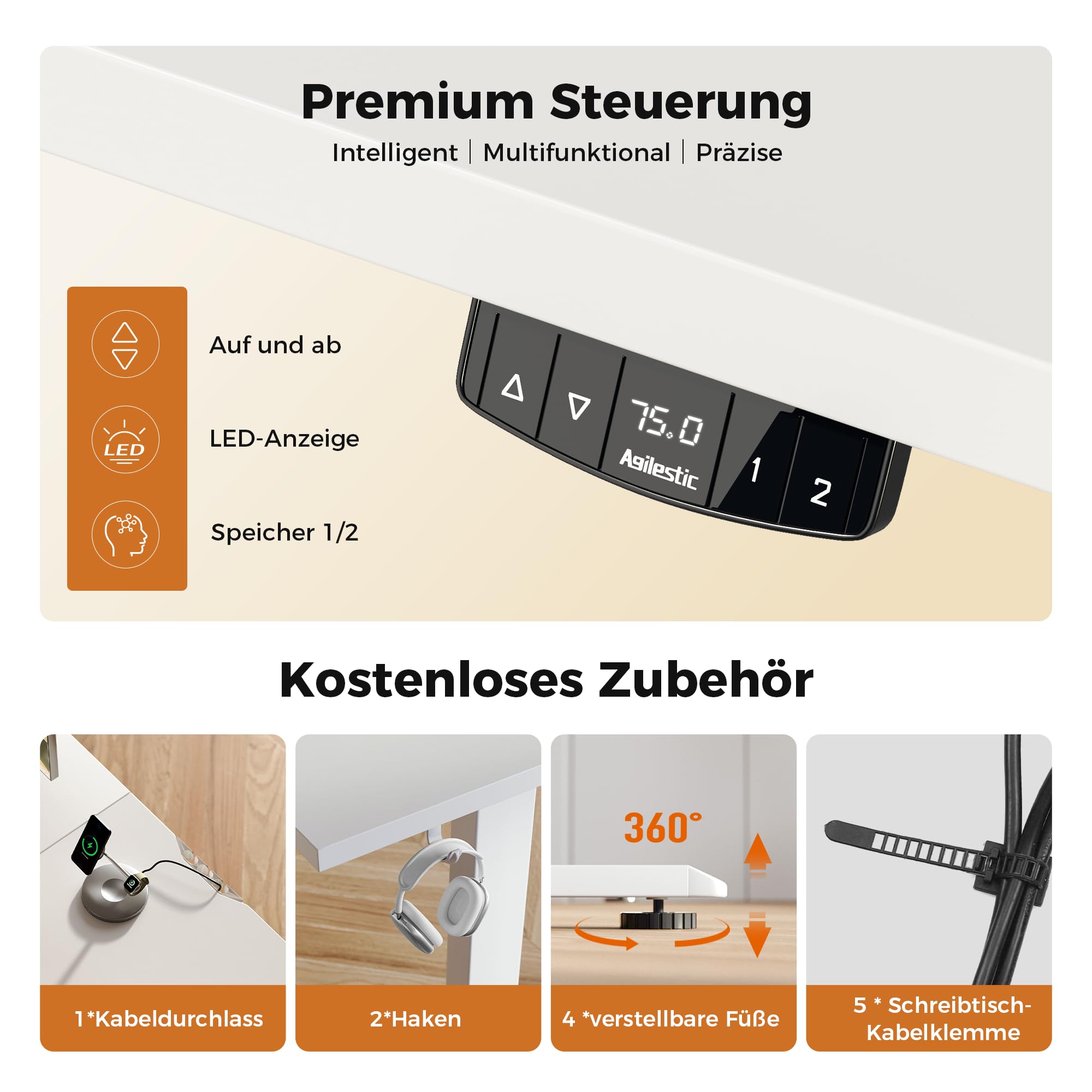 Agilestic Elektrischer Stehschreibtisch, L-förmiger 160 cm höhenverstellbarer Schreibtisch, Sitz- und Stehtisch für Home Office, ergonomischer aufsteigender Computertisch mit Splice Board, Weiß