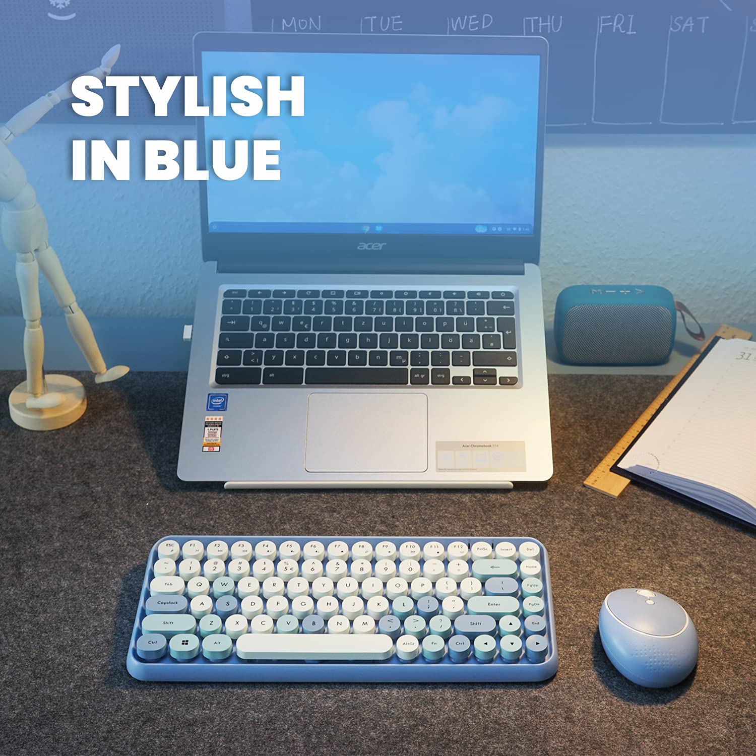 Perixx PERIDUO-713BL Wireless Mini Keyboard and Mouse Combo - Retro Round Key Caps - Pastel Blue - US English Layout..