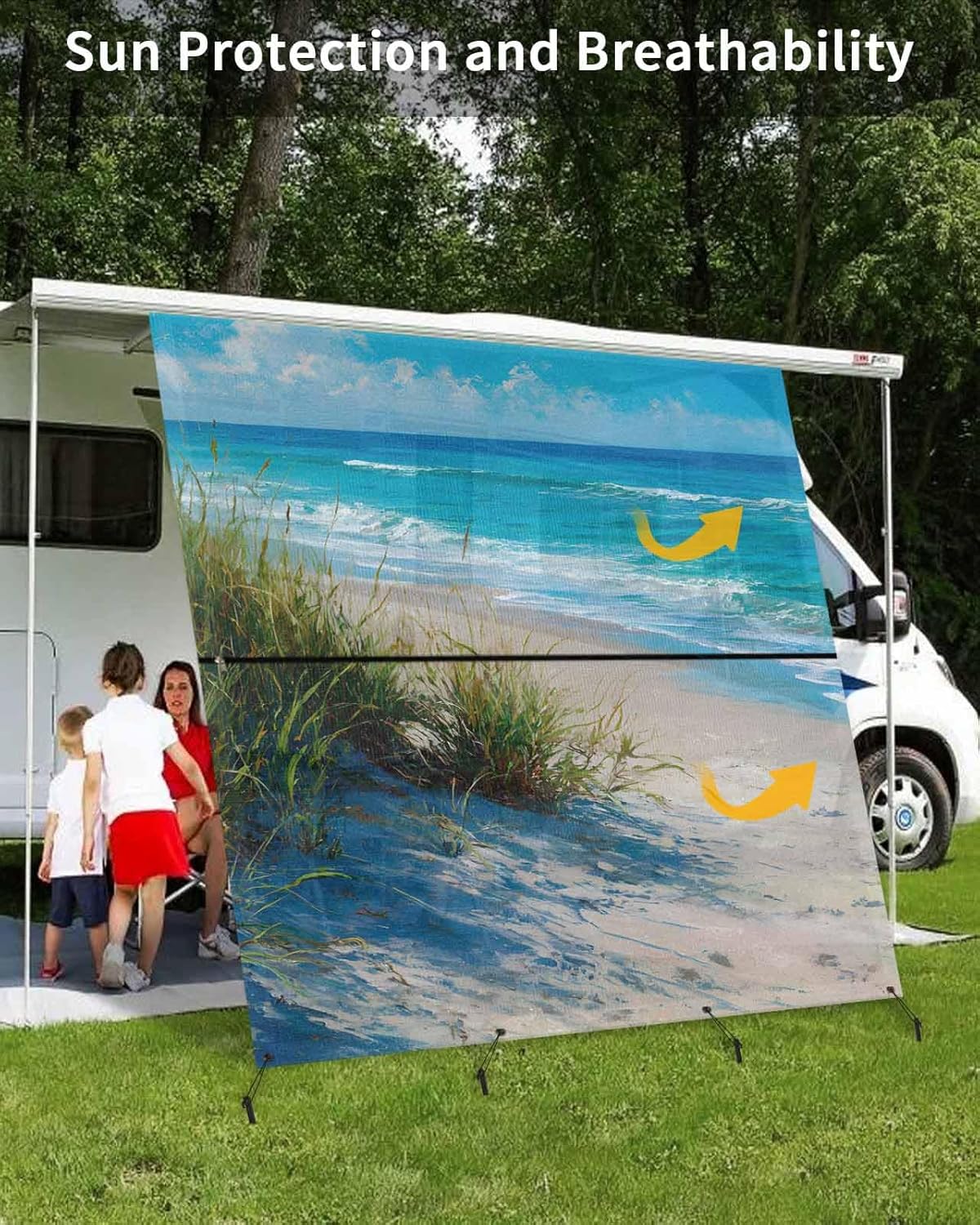 Summer Beach RV Awning Sun Shade Screen with Zipper 9'x7' Realistic Green Coastal Scenery Blue Sky Wave Mesh Sunshade UV Blocker Awning Shade Complete Kits for Motorhome Camper Travel Trailer Canopy