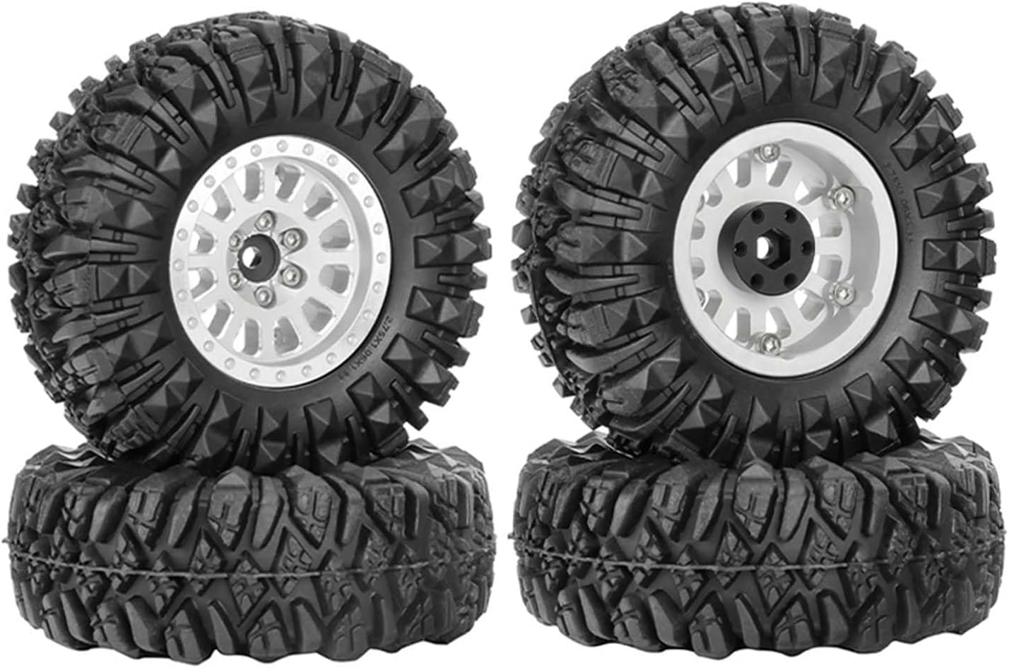 1.3” All-Terrain Tire and Wheel Set, Metal Beadlock 5mm & 7mm Hex Wheels for SCX24 TRX4M 1/12 1/14 1/18 1/24 RC Crawler Car (D, Silver)