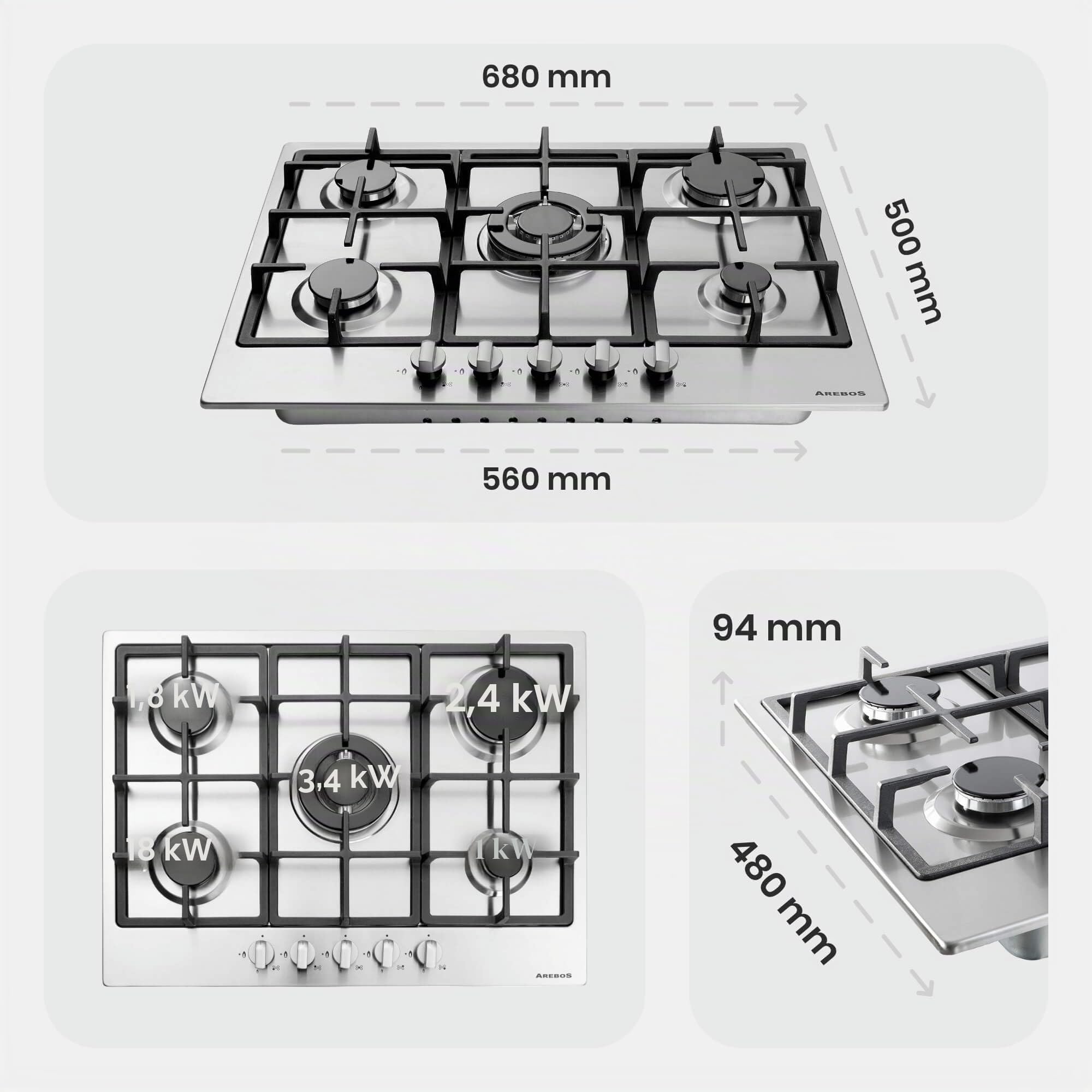 Arebos Placa de Cocina de Gas con 5 fogones | Acero inoxidable | Incluye rejilla y piloto de seguridad | Autosuficiente| Encimera Apta para gas natural y propano