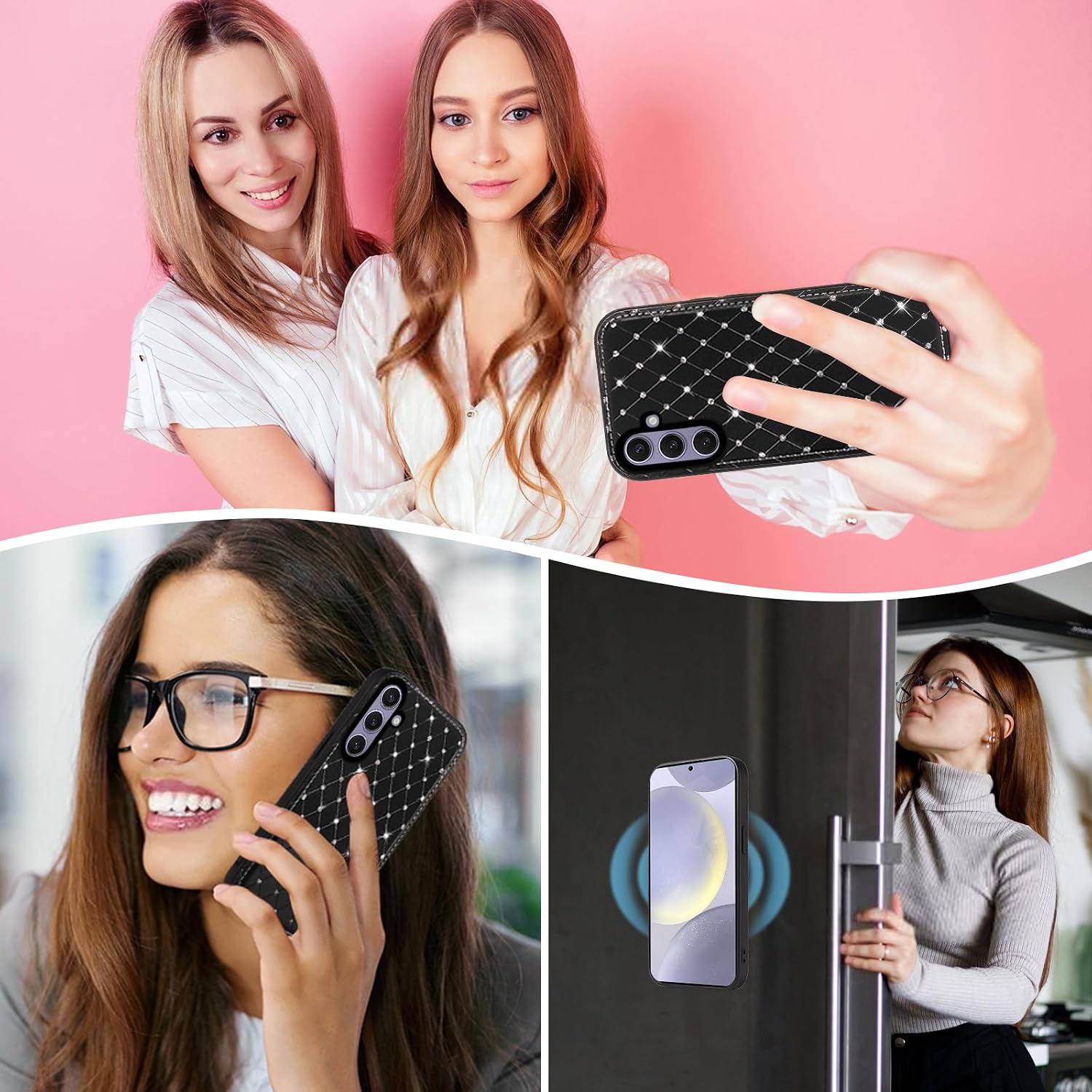 Phone Case for Samsung Galaxy S25 Plus S25+ 5G Zipper Wallet Detachable Magnetic Cover with Screen Protector Crossbody Lanyard Strap Bling Credit Card Holder Slots S25Plus 25S + Women Girls Black