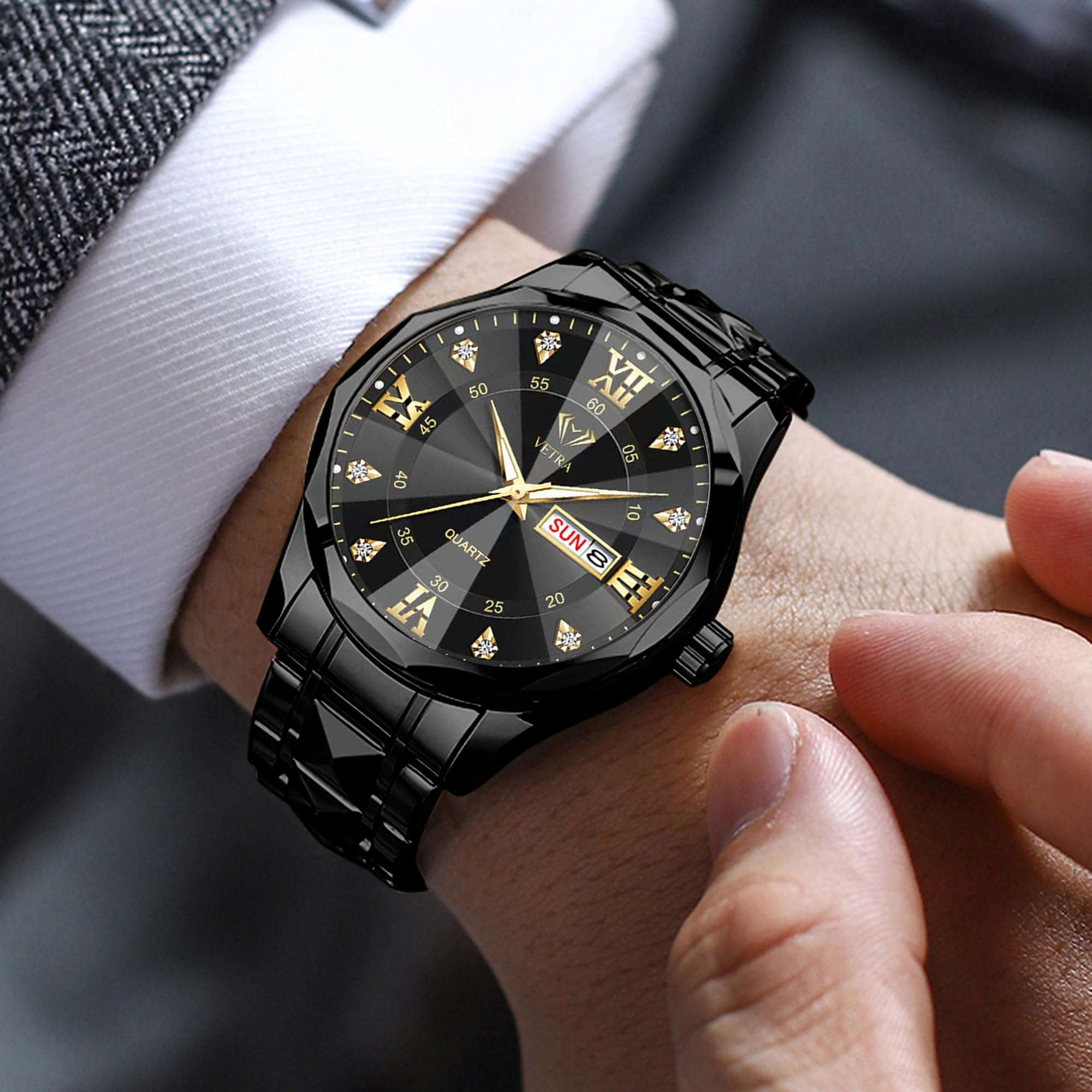 Vetra Montre classique pour homme - Bracelet en acier inoxydable - Étanche - Lumineuse - Jour - Date - Tendance - Minimaliste - Cadeau pour homme