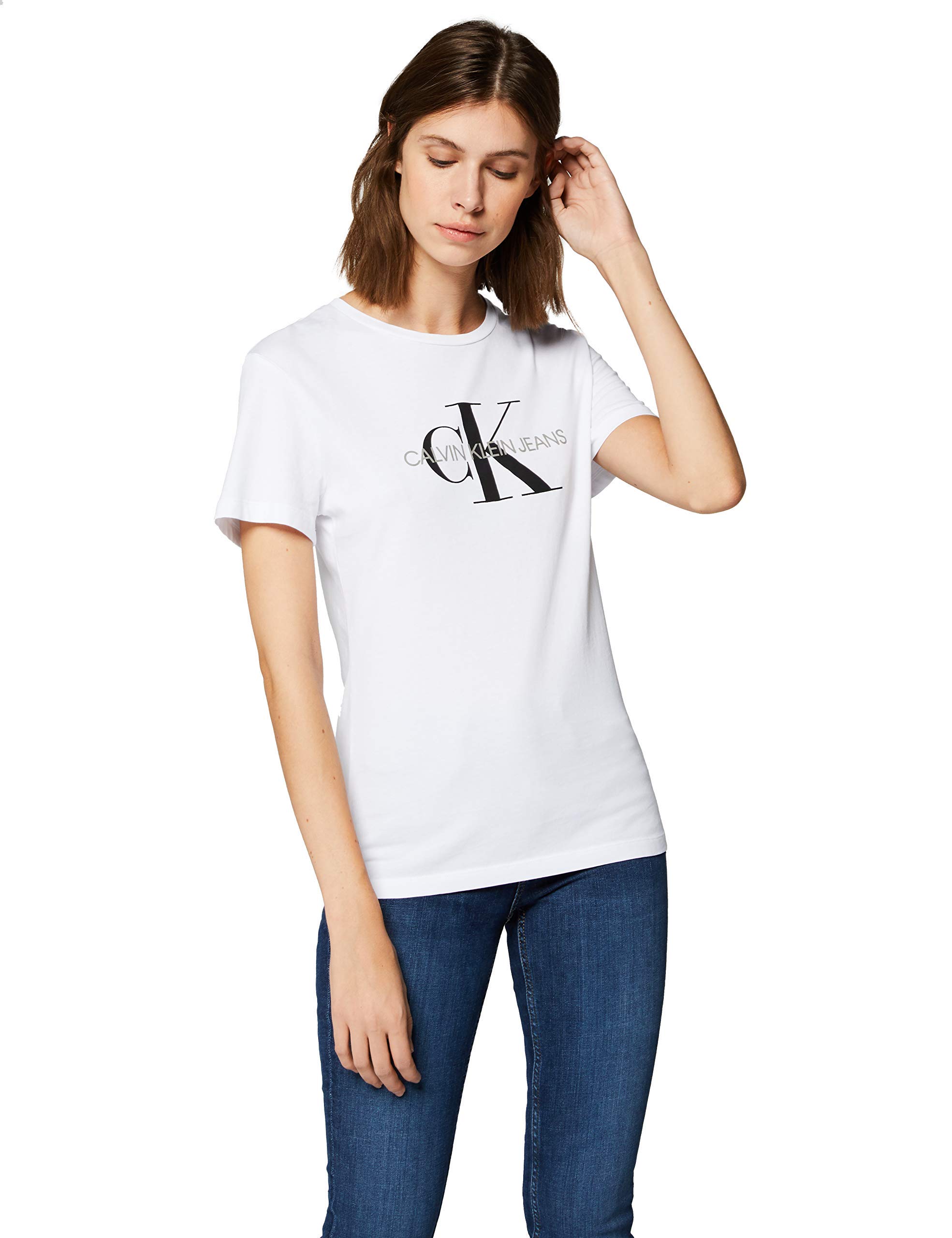 Calvin Klein Jeans Womens Core Monogram Logo Regular Fit Tee T-Shirt, Color White (Bright White 112), Size XS