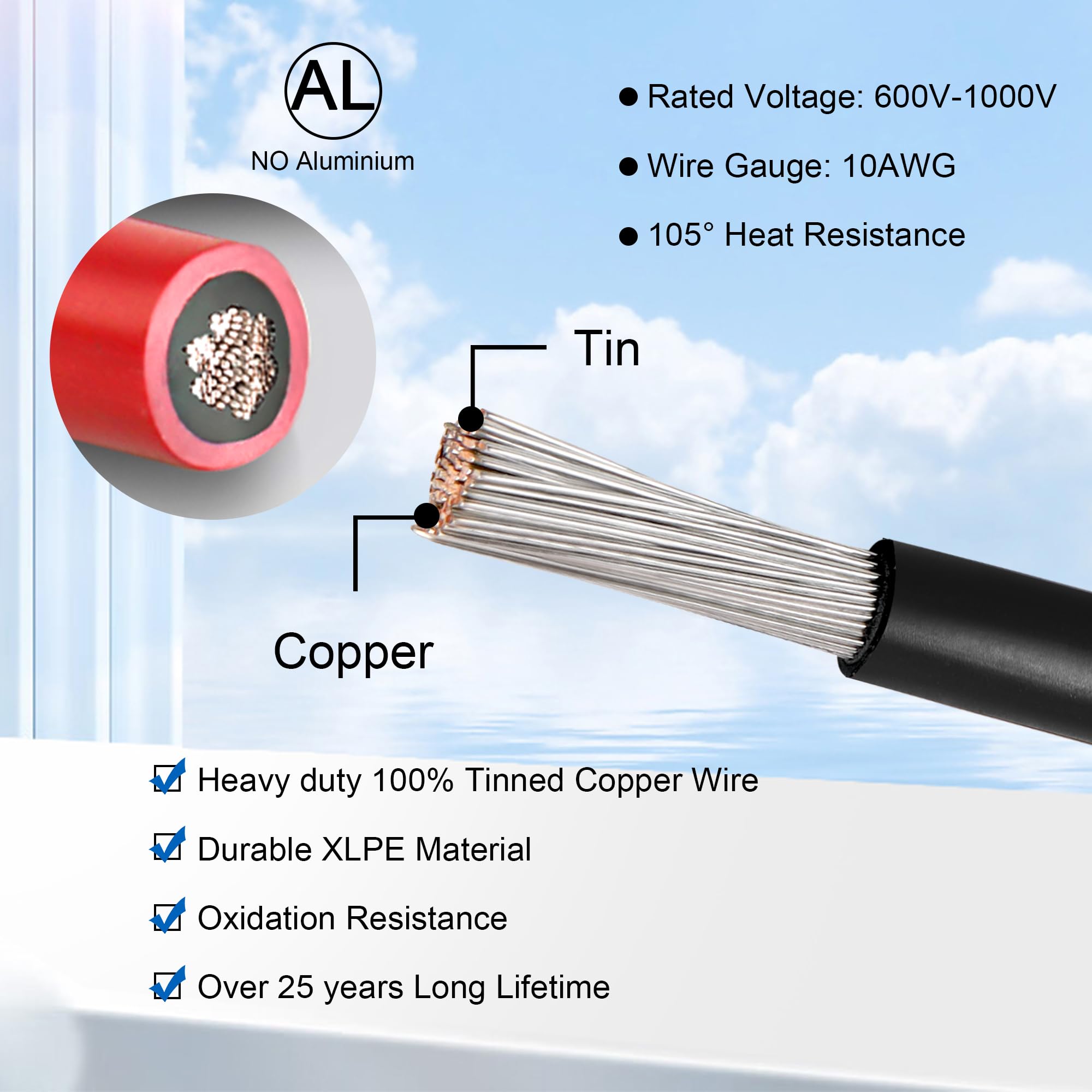 Cable de extensión solar de 10 AWG, conector MC4 único de 100 pies