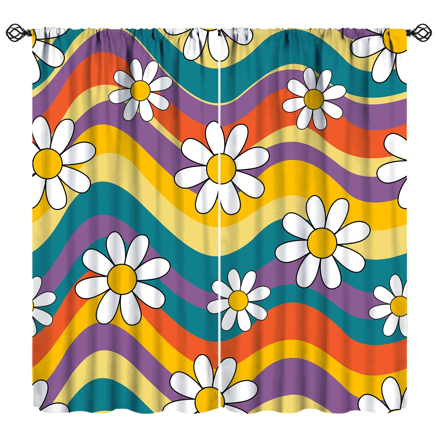 70s Retro Floral Window Curtains for Kids,Cute Cartoon White Chrysanthemum Flower Blackout Drapes,Boho Hippie Rainbow Vintage Colored Wave Abstract Print for Home Living Room 42x63in