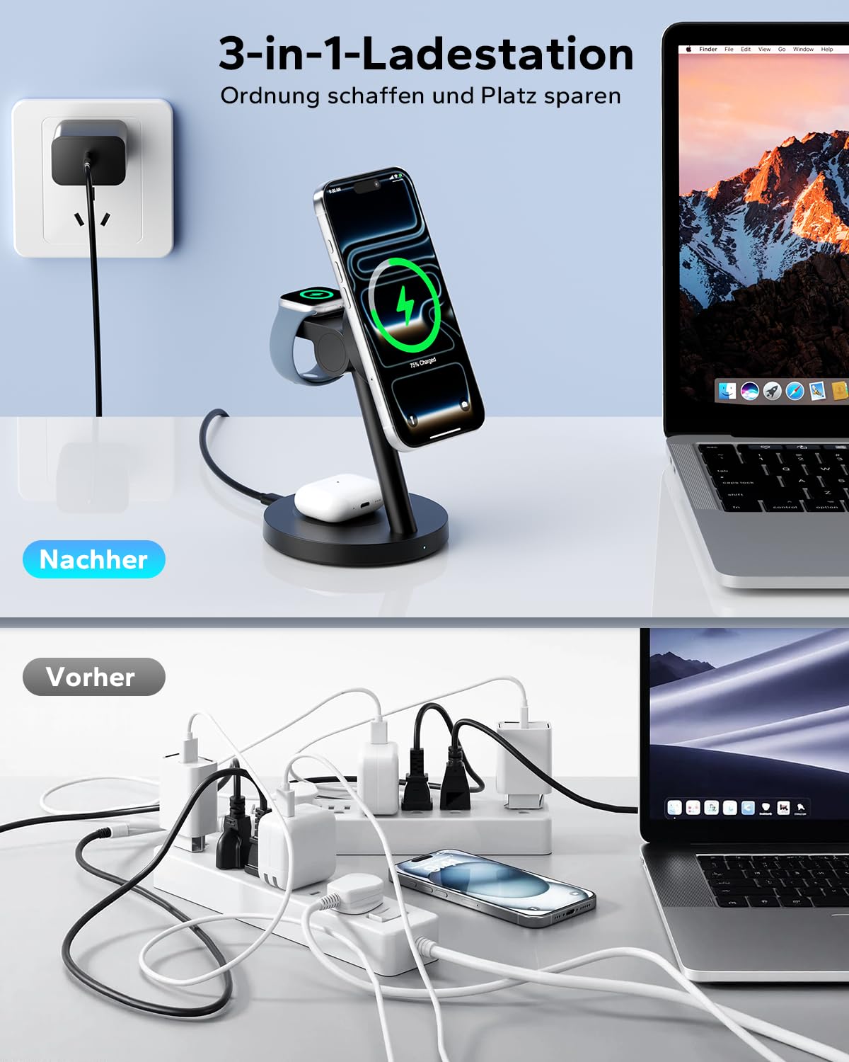 KPON Magsafe Ladestation für Apple Watch und iPhone, 3 IN 1 iPhone Handy Ladestation Magsafe Ladegerät Apple Charging Station für iPhone 17~12 Serie, Apple Watch 11~2, AirPods