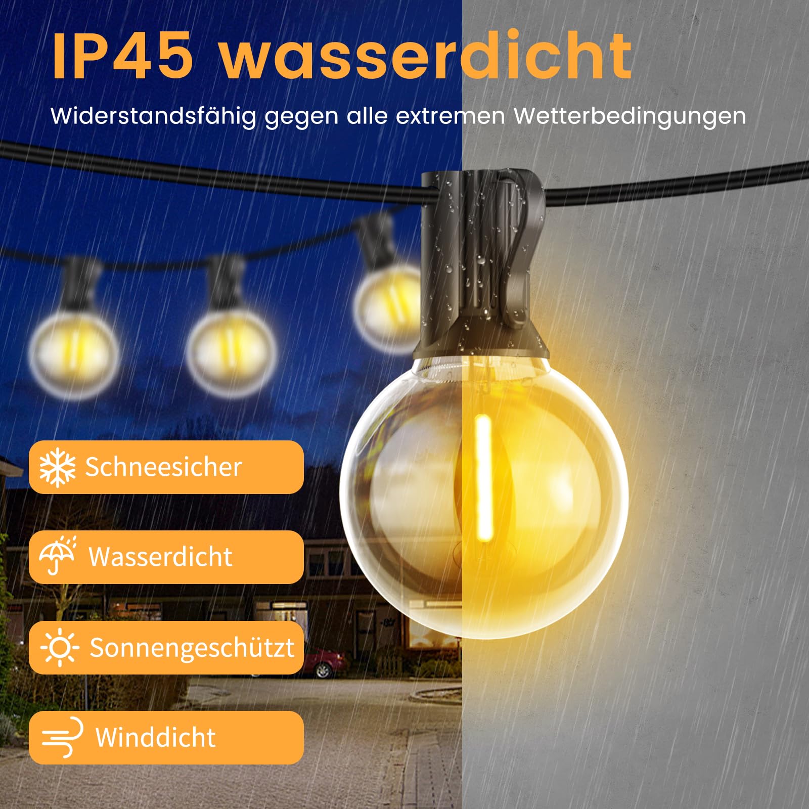 Lichterkette Außen Strom,G40 45M LED Outdoor Lichterkette Glühbirnen Außen Innen Strom mit Stecker,75 bruchsichere Birnen,netzbetriebene Außenleuchten für Terrasse,Hof,Balkon,Gartenhaus