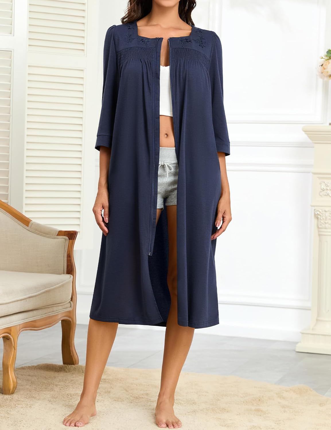 Bloggerlove Women's Zipper Robe 3/4 Sleeves Full Length House Dress Square Neck Housecoat Soft Cotton Nightgown with Pockets - Image 2