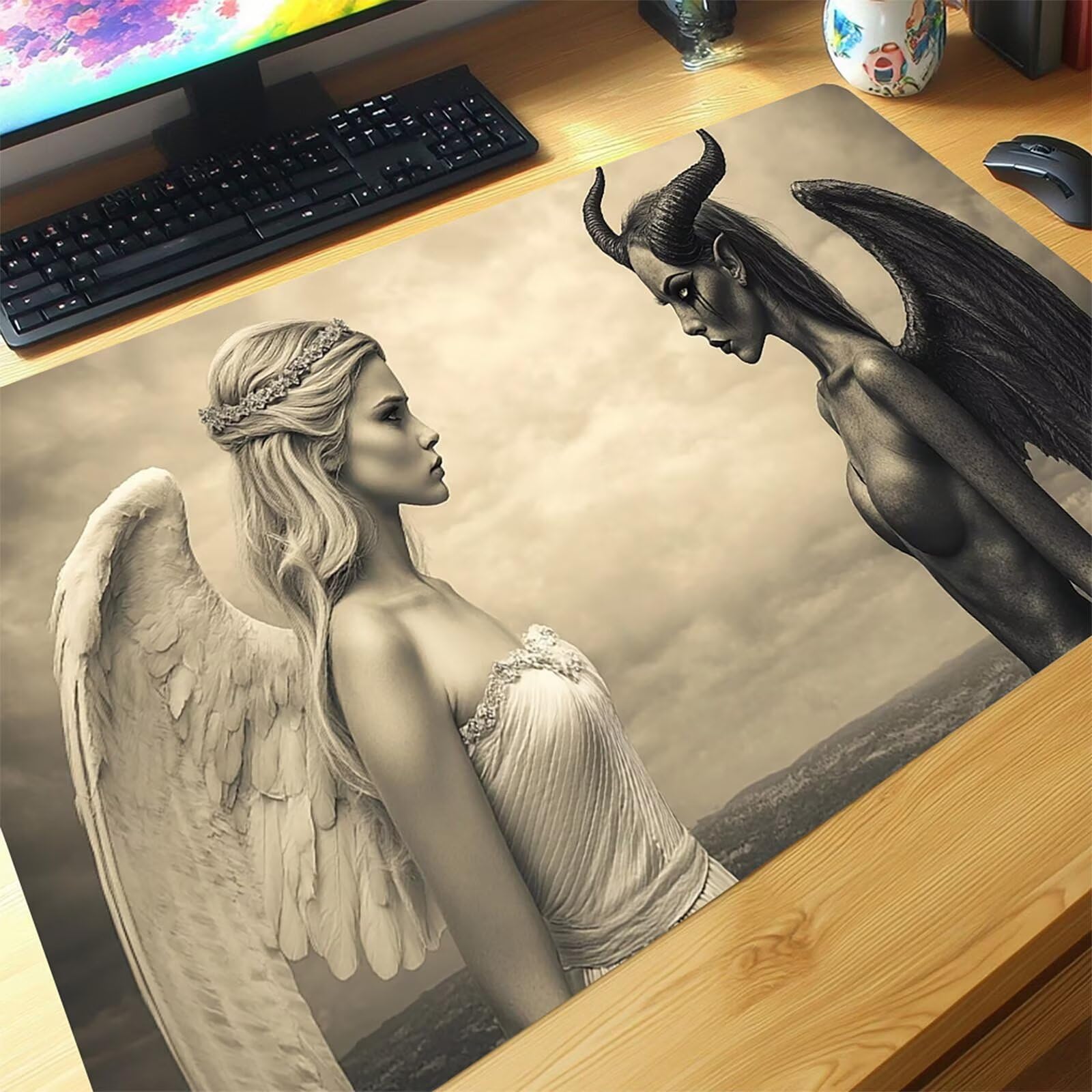 Gamingowa podkładka pod mysz XXL, anioł, demon, 1200 x 600 x 3 mm, wodoszczelna, antypoślizgowa podkładka na biurko, poprawia precyzję i prędkość, akcesoria gamingowe na biurko, model 12018