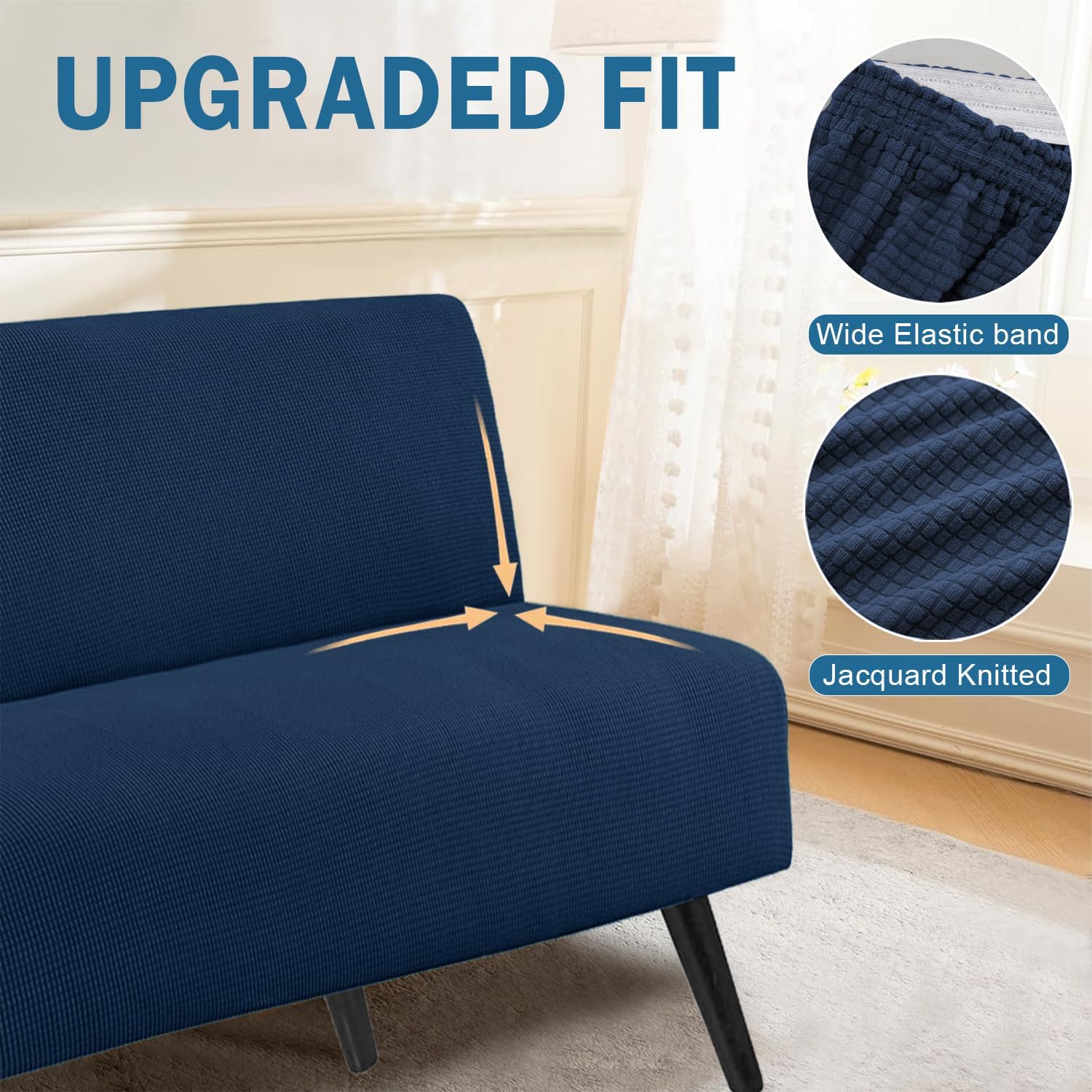Water Repellent Armless Futon Cover Sofa Bed Slipcover, Full Size Futon Mattress Cover Stretch Foldable Sofa Bed Covers with Elastic Bottom, Washable, Navy