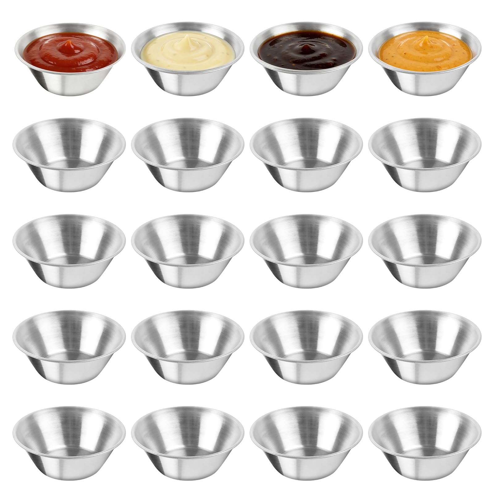 Akamino 20 Pcs Stainless Steel Condiment Sauce Cups, 1.5oz Small Sauce Dishes Dipping Bowls, Metal Spices Pots Portion Cups for Barbecue Restaurant Home Party (Silver, 45ml)