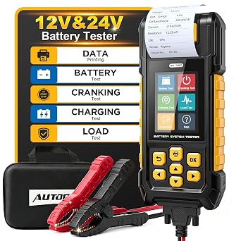 AUTOOL BT760 Automotive Battery Tester with Thermal Printer 12V/24V Car & Motorcycle Battery Checker, Cranking & Charging Test, Reverse Polarity Protection, HD Color Display