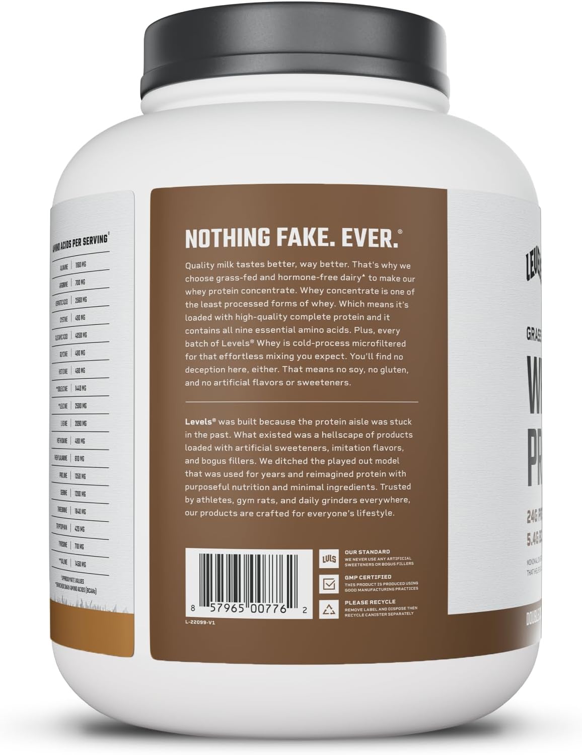 Levels Grass Fed Whey Protein Powder, No Artificials, 24G of Protein, Double Chocolate, 5LB