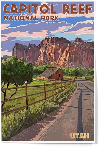 Lantern Press Decoración de pared con impresión artística de 12 x 18 pulgadas, Parque Nacional Capitol Reef, Utah, vista al granero, serie pictórica