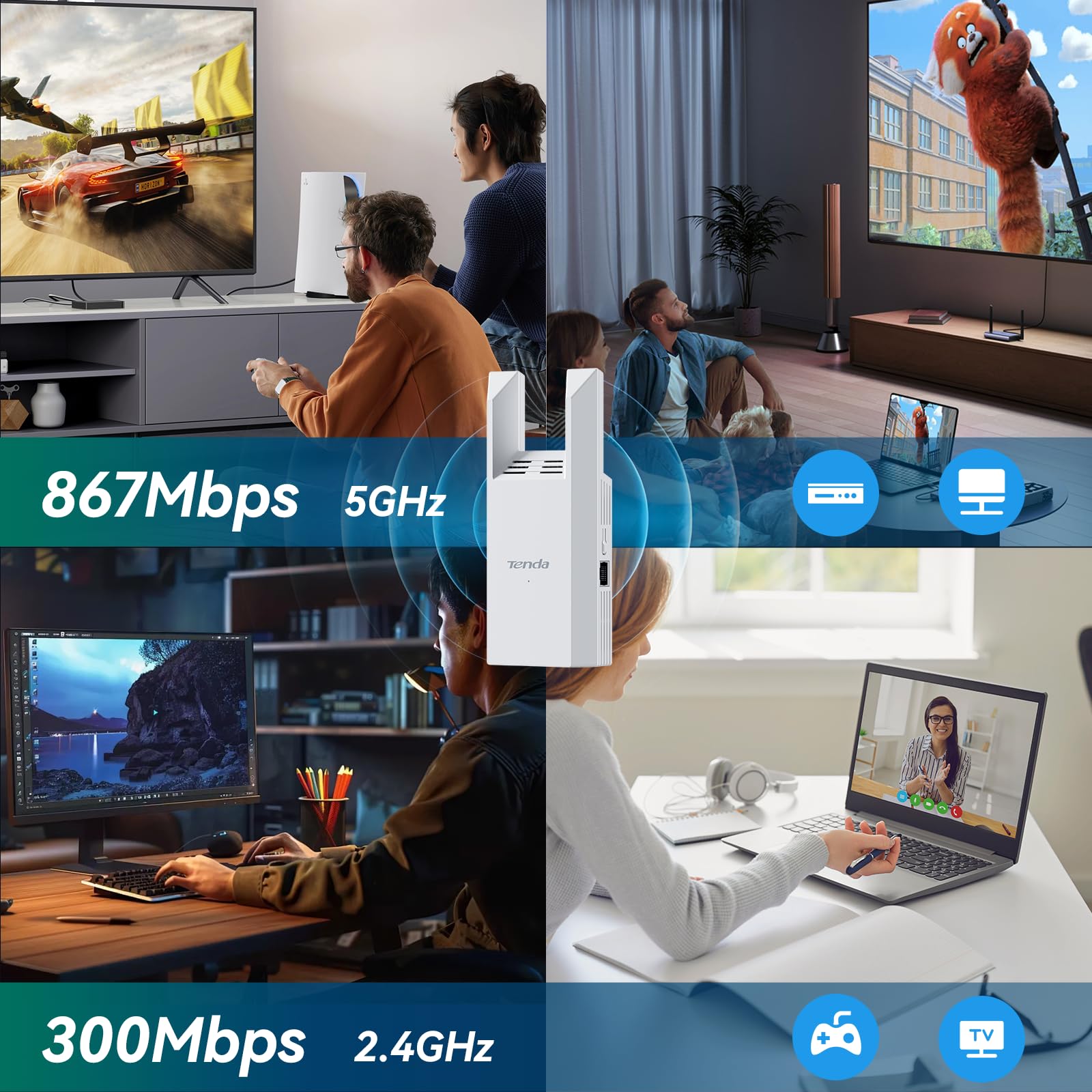 Tenda A18 Pro AC1200 Repetidor WiFi con Puerto Gigabit, Extensor de WiFi Doble Banda 2.4/5 GHz, Amplificador Señal WiFi hasta 150 m², Modo Ap, Instalación Fácil