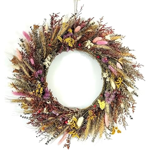 GHY Decor Rustic Nature Flower Big Wreath 18” Wall Hanging Decoration,Dried Natural Colorful Forget Me Not Lavender Wheat Bunny Tail Grass Welcome Wreath for Farmhouse Front Door Window Decor Cover