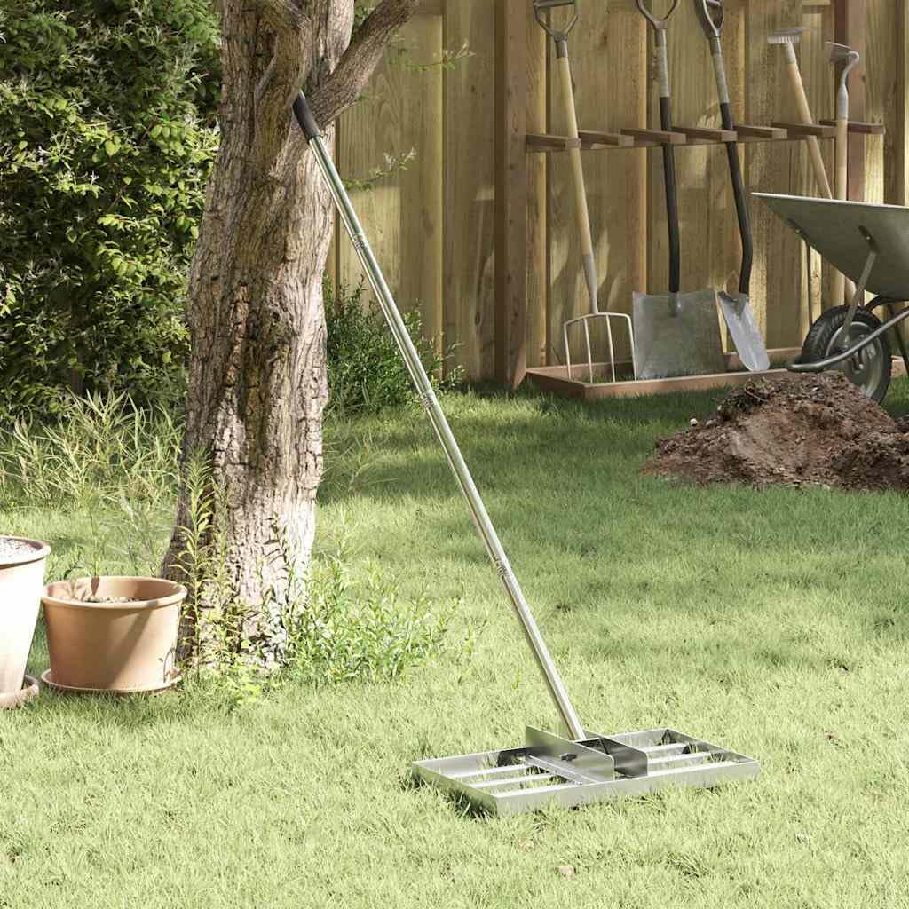 Garten Nivellierrechen Silber aus Edelstahl, gebürstete Oberfläche, 45 x 25 x 200 cm, für Gartenpflege, Bodenbearbeitung, Laub, Gras, Moos, Unkraut, Erde, Beet, Rasenpflege