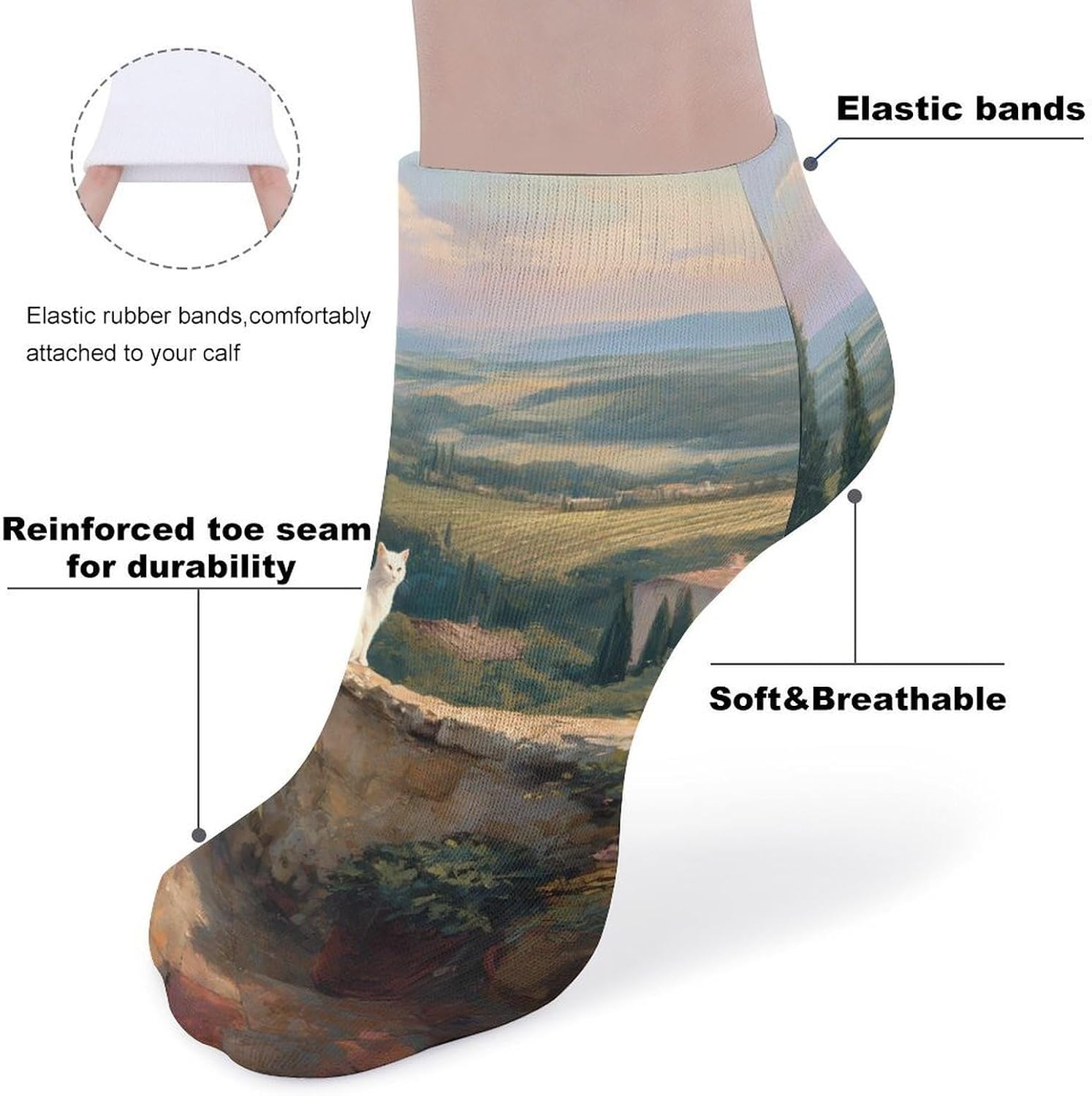 Cat Balcony Vineyard Hills No Show Ankle Socks Low Cut Non Slip Flat Boat Line 5 Pairs Set