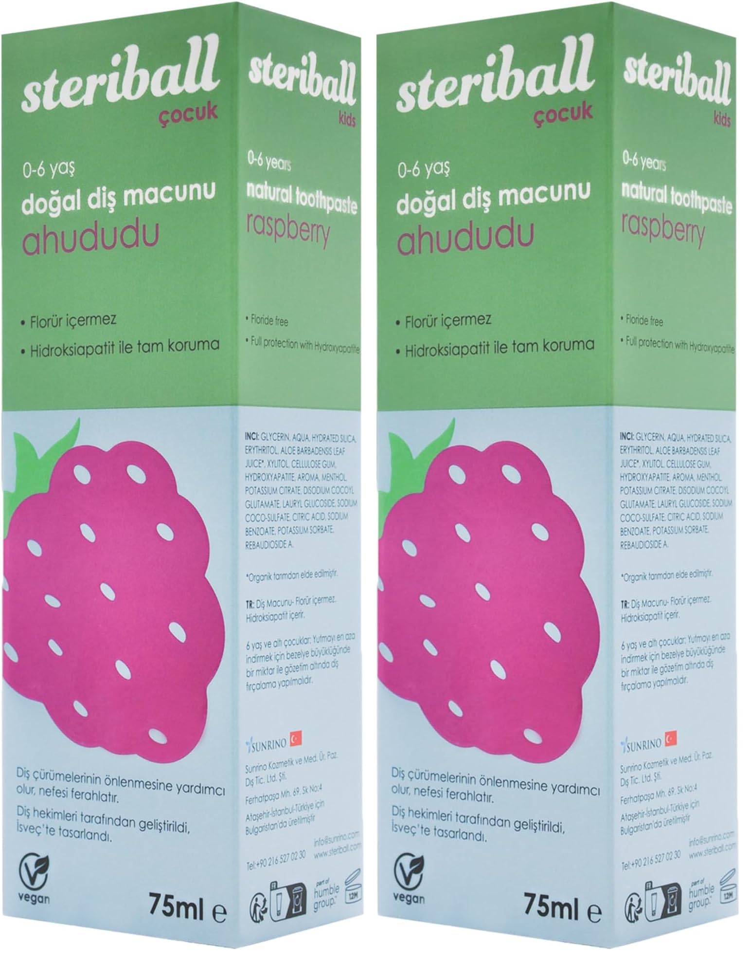 Steriball Doğal Diş Macunu Florürsüz 75 ML - Ahududu Florür İçermez, Hidroksiapatit ile Tam Koruma, Vegan (2 paketi)