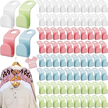 400 Pcs Clothes Hanger Connector Hooks 4 Colors Cascading Hanger Hooks Heavy Duty Space Saving Connecting Buckle Hooks for Hanger Extender Clips Plastic Connection Hooks for Closet Organizer
