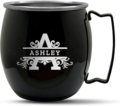 Personalized Custom Smooth Finish Black Moscow Mule Mugs with Detailed Vines Monogram Engraved Bar Style Cup, 16 oz | Single