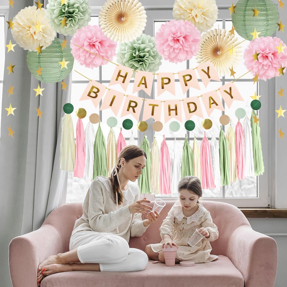 Sage Green and Pink Birthday Decorations for Women Girls Pink and Green Party Decorations Sage Green Pink Cream Paper Tassel Garland Paper Pom Poms Paper Lanterns Happy Birthday Banner