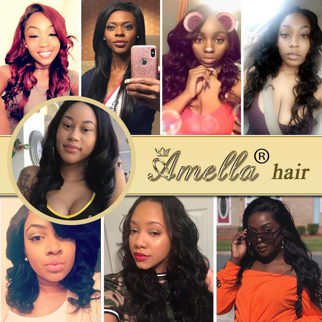 Amella Hair 100% Unprocessed Virgin Brazilian Human Hair Brazilian Body Wave 3 Bundles (16 18 20,285g) Hair Extensions Grade 8A Remy Human Hair Bundles Natural Black Color
