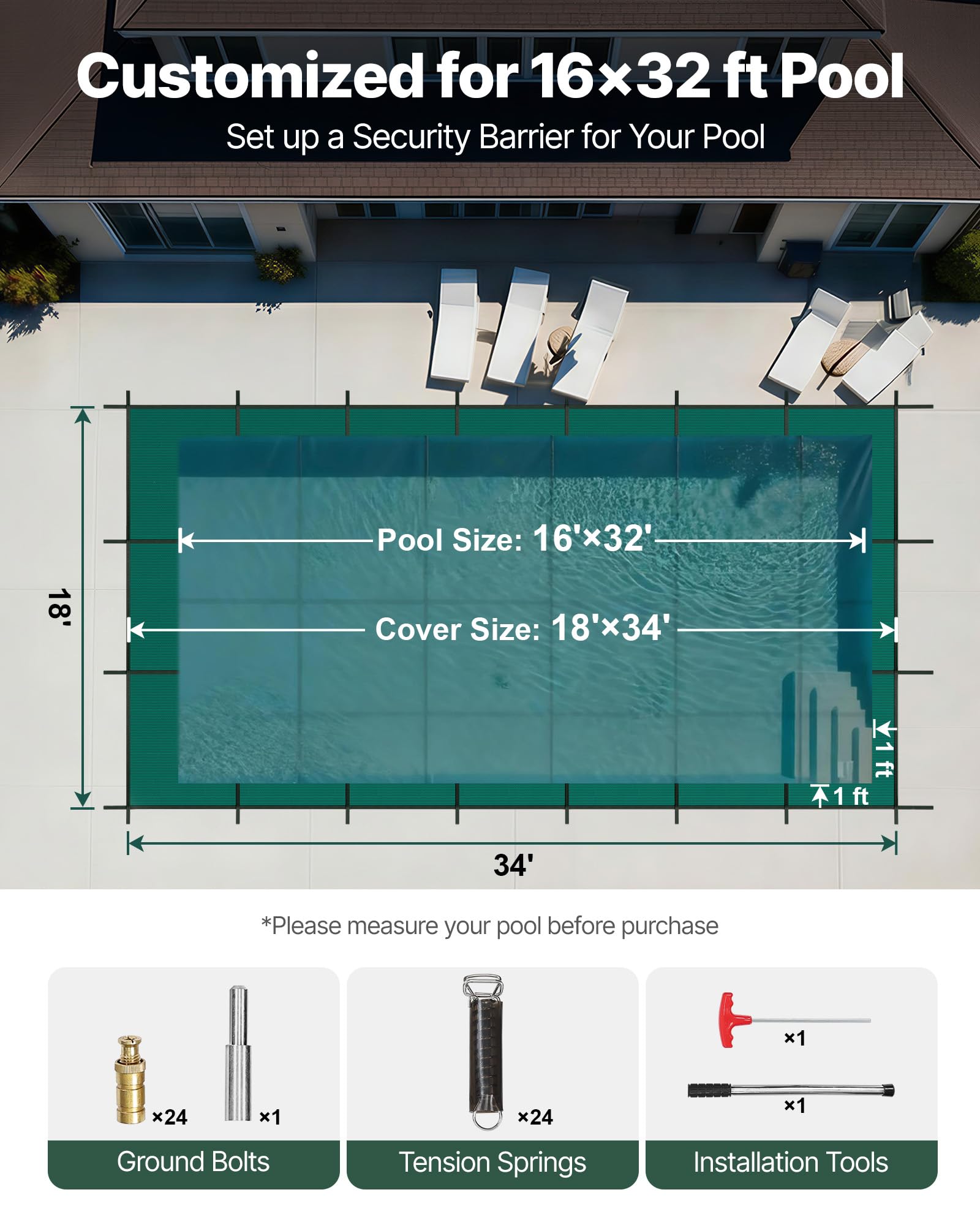 VEVOR Housse de sécurité pour Piscine – Housse de sécurité enterrée en Maille Verte Solide pour Piscine – Housse de sécurité d'hiver (4,6 x 9,6 m)