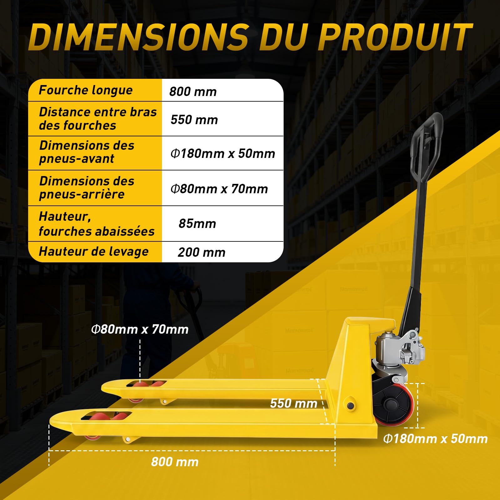 Transpalette Manuel 2500 kg, Fourches 800 × 550 mm | Idéal pour Espaces Restreints, Roues PU Tandem, Levage 85-200 mm, Déplacement Fluide