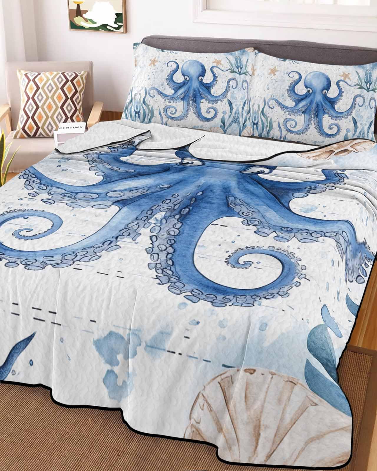 Reversible Down Alternative Comforter Quilted, Cartoon Blue Monster Waterweed Duvet Insert Lightweight Soft Bedspread Throw Blankets Nautical Starfish Shell for All Seasons Bed Sofa Decor