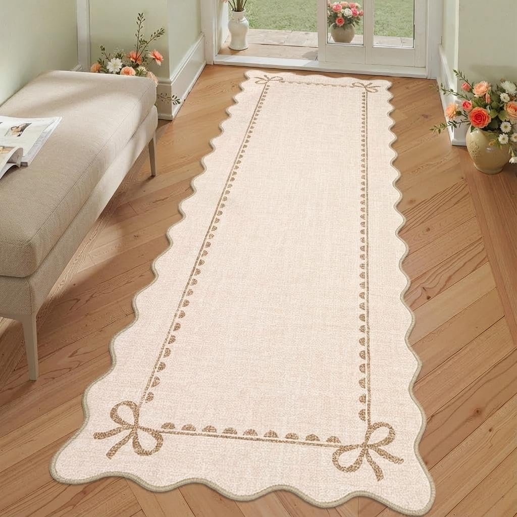 Tapis de couloir moderne beige 60x180 cm lavable et festonné