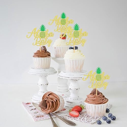 Miniatura 6 de Ercadio Aloha - Paquete de 24 adornos para cupcakes de piña con purpurina Hawaii Aloha Baby Cupcake Picks Hawaiian Luau Tropical Summer Aloha