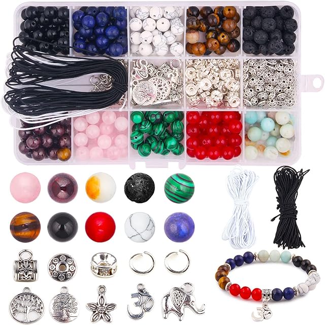 Nenjindz Chakra Beads Kit, 418PCS Chakra Beads for Jewellery Making,8mm Lava Stone Beads Kit with Natural Beads,Round Gemstone Beads for Jewellery Making Kit